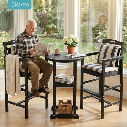 Ciokea 3-Pcs Bistro Table and Chairs, All-Weather Round High Top Bar Table with Storage Shelf and 2 Oversized Adirondack Chairs, Heavy Duty Outdoor Bar Set Patio Bistro Set for Balcony Deck, Black