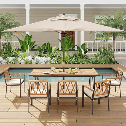 Tangkula 86.5" Large Patio Dining Table for 8, Acacia Wood 8-Person Dining Table with 2" Umbrella Hole & Metal Legs & Adjustable Foot Pads, Rectangular Outside Table for Garden, Poolside & Backyard