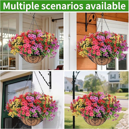 Artificial Hanging Flower for Outdoors, Fake Hanging Basket for Outside,1 Hanging Basket with 13 Pcs Faux Silk Flowers for Porch, Balcony and Patio Decor(Mixed)