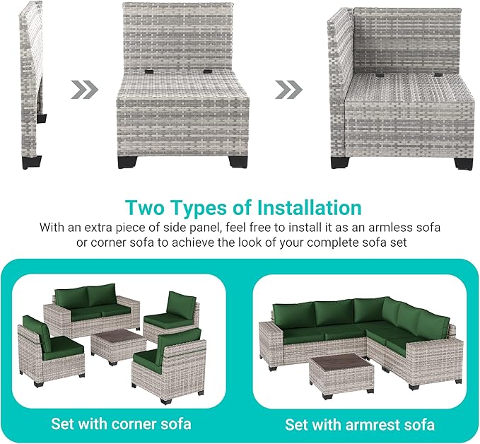 6-Piece Outdoor Patio Furniture Set Wicker Sectional Sofa Set, Patio Conversation Set with Thickened Cushions & Coffee Table for Garden, Backyard, Poolside, Green