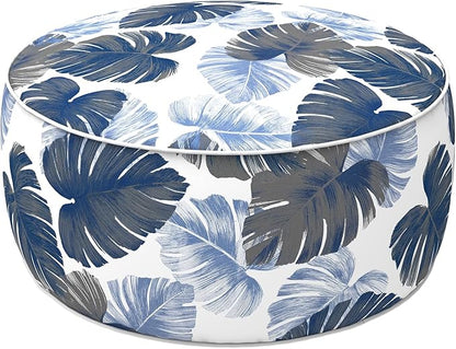 LVTXIII Indoor/Outdoor Inflatable Ottoman with Handle D21 x H9 Inch, Weather-Resistant Round Footstool Pouf for Patio Camping Living Room, Portable Footrest Extra Seating, Big Leaves