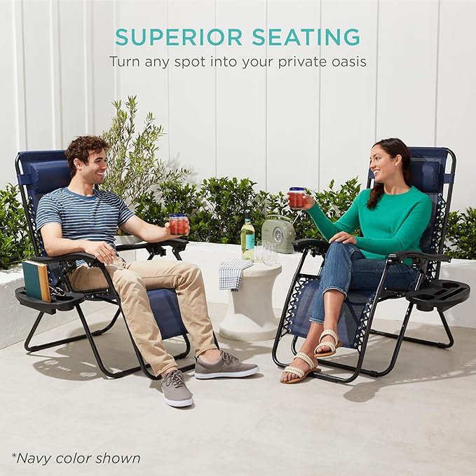 Best Choice Products Set of 2 Adjustable Steel Mesh Zero Gravity Lounge Chair Recliners w/Pillows and Cup Holder Trays - Navy