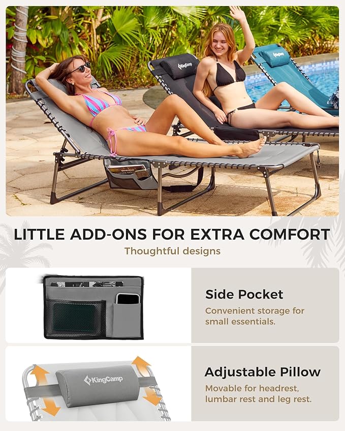 KingCamp Oversized Tanning Chair, Extra-Wide Padded Folding Chase Lounge Chairs Portable Adjustable 5-Position 400lbs Heavy Duty Lounger with Double-Layer Oxford for Outdoor Beach Patio Sun Pool