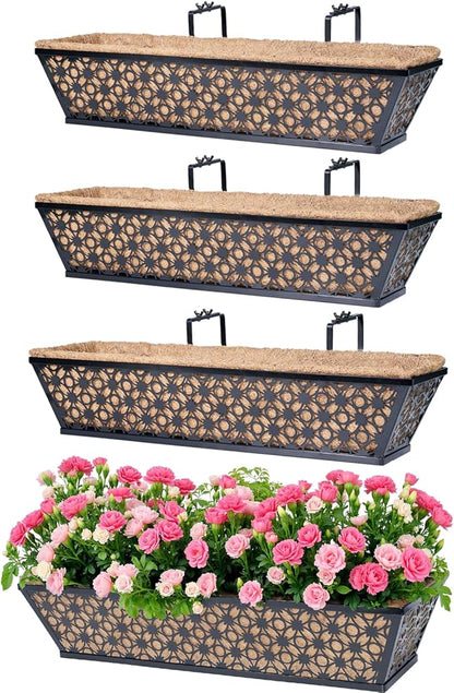 hehimhis Window Planter Box with Adjustable Bracket and Coco Liner for Porch, 24 Inch 4 Pack Balcony Planters Railing Hanging,Fence, Patio Hanging Planters for Garden Outdoor