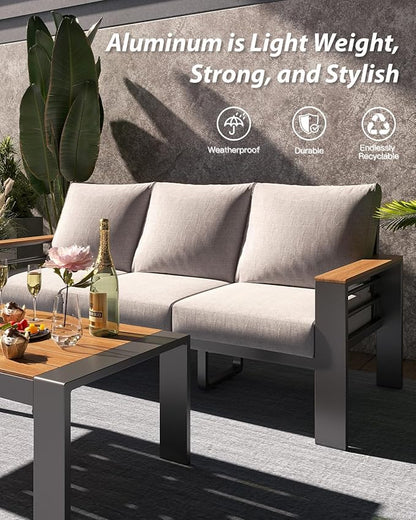 Aoxun Aluminum Outdoor Patio Furniture Set, 7 Seats Outdoor Sectional with Coffee Table, Patio Conversation Sets with Upgraded Armrests and Cushions for Backyard, Garden and Poolside（Grey）
