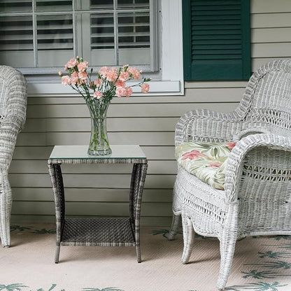 VINGLI Outdoor Wicker Side Table Patio Side Tables for Outside, Tempered Glass Top Wicker Table with Storage End Table for Balcony Porch Deck (Grey)