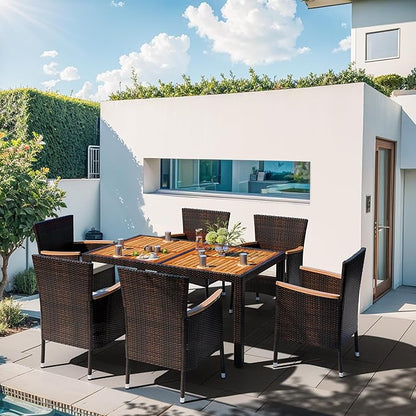 Shintenchi 7 Piece Patio Dining Set, Wicker Patio Conversation Set with Wooden Table Top, Outdoor Table and Chairs with Soft Cushions for Backyard, Deck and Garden, Brown Rattan