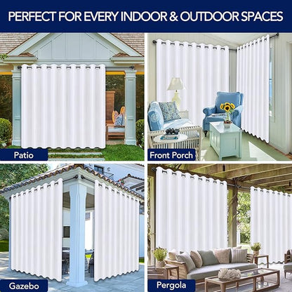 PureFit Outdoor Curtains for Patio Waterproof Weatherproof, UV Resistant Outside Curtains for Gazebo, Front Porch, Pergola, Sun Blocking Privacy Curtain, 150W x 84L inch, 1 Panel, White