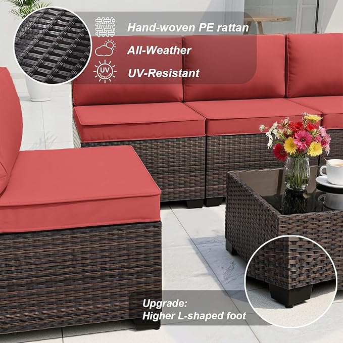 ALAULM 10 Pieces Patio Furniture Set with Propane Fire Pit Table Outdoor Sectional Sofa Sets Patio Furniture 43" Gas Fire Pit Brown PE Rattan Patio Conversation Set w/8 Seat Cushions-Red