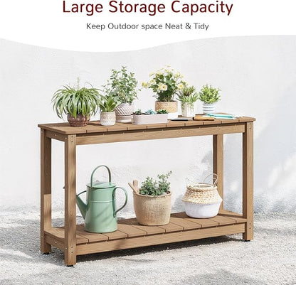 Stoog All-Weather Patio Console Table, 2-Tier Outdoor Table with Adjustable Feet, Never Fade or Rot, for Backyard, Deck, Entryway, and Garden, Teak