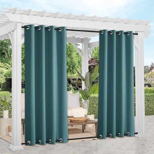 NICETOWN 2 Panels Windproof Outdoor Curtains Top and Bottom Grommet for Patio Waterproof, Fixed Outdoor Blinds Keep Warm & Privacy Thermal Insulated Blackout Drapes for Cabana, W52 x L84, Teal