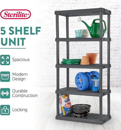 Sterilite 5 Shelf Unit, Heavy-Duty Shelving Storage Rack for Home and Garage, Gray - Multipurpose Plastic Organizer Shelves for Smart Organization