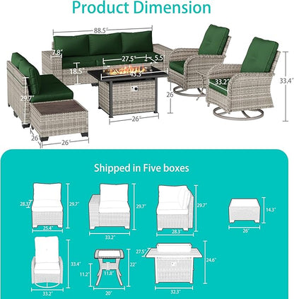 10-Piece Outdoor Patio Furniture Set with Rocking Swivel Chair, PE Wicker Rattan Sectional Sofa Patio Conversation Set with 55,000 BTU Fire Pit Table & Coffee Table, Green