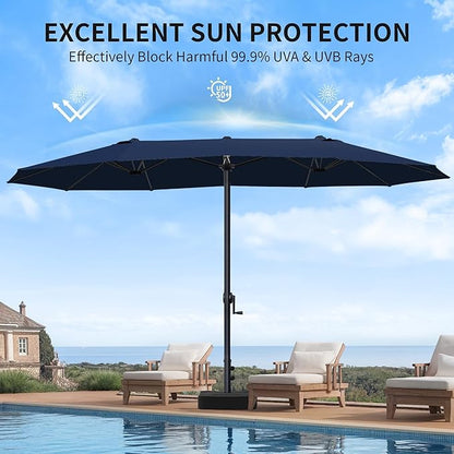OLILAWN Patio Table Umbrella, 15ft Large Deck Umbrella with Base Included, Outdoor Double-Sided Rectangle Market Umbrella with Aluminium Crank, 12 Sturdy Ribs, for Deck Porch Garden,Dark Blue