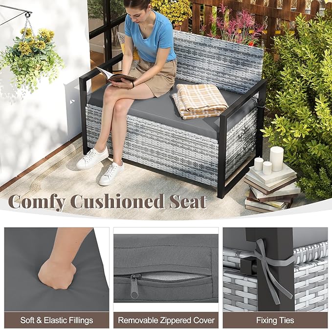 Patio Storage Bench, 43.5 in Wide PE Rattan, 40 Gallon Capacity