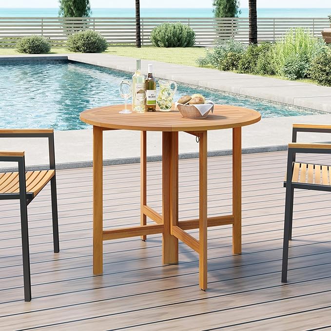Tangkula 36 Inches Outdoor Folding Round Dining Table, No Assembly Patio Acacia Wood Bistro Table with Slatted Tabletop, 4-Person Outside Dining Furniture for Backyard, Porch, Balcony