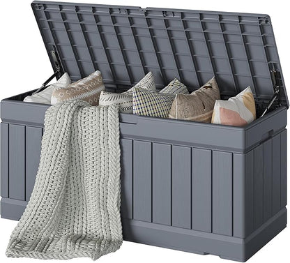 Deck Box, Grey Resin Storage Bench with Lockable Lid and Rattan Pattern