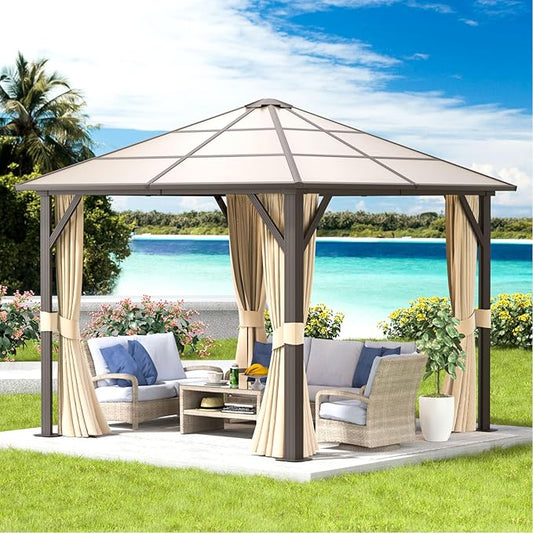 Aoxun 10FT x 10FT Gazebo Single Polycarbonate Top, Outdoor Polycarbonate Frame Permanent Gazebo with Curtains and Netting, for Patios, Parties, Backyards, Gardens and Lawns