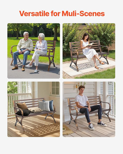 VEVOR Outdoor Bench, 50 inch, Carbon Steel Metal Frame with Slatted Pattern Backrest and Round Edge Armrests, Weatherproof Outside Bench for Patio, Garden, Park, Yard, Front Porch, Antique Bronze