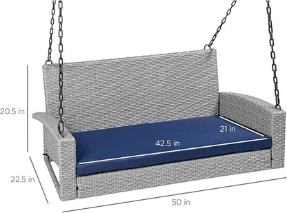 Best Choice Products Woven Wicker Outdoor Porch Swing, Hanging Patio Bench for Deck, Garden w/Mounting Chains, Seat Cushion - Gray/Navy