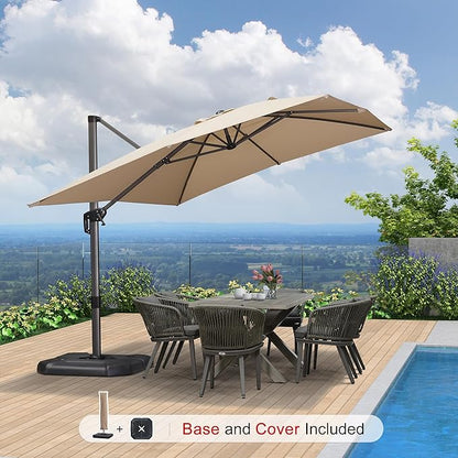 PURPLE LEAF 9'×11.5' Cantilever Patio Umbrella with Base Rectangle Offset Outdoor Umbrella Cover with Zipper for Garden Deck Pool Beige
