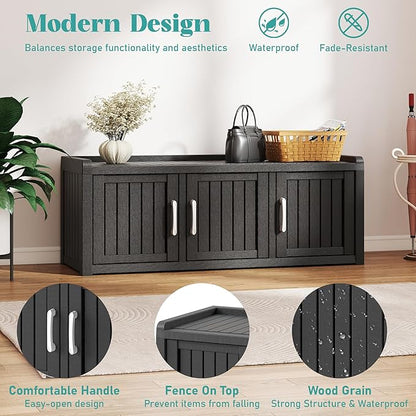 2-Tier Storage Bench, Waterproof UV-Resistant Outdoor Shoe Storage Cabinet with 3 Doors & Adjustable Shelves for Indoor Outdoor Entryway, Hallway, Living Room (Black)