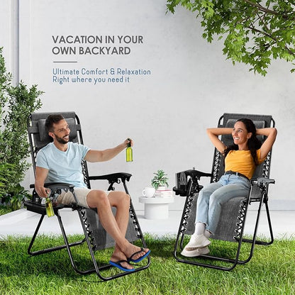 Nestl Zero Gravity Chairs Set of 2, Patio Lounge Chair Outdoor with Pillows & Cup Holder Trays, Adjustable Steel Mesh Reclining Camping Chair, Folding Patio Lawn Chair for Deck, Beach, Yard - Grey