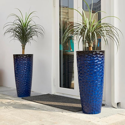 Glitzhome 31" H Oversized Tall Planter, Set of 2 Honeycomb Textured Gradient Cobalt Blue Round Garden Plant Pots with Drainage Holes, Large Flower Containers for Indoor Outdoor Front Door Patio