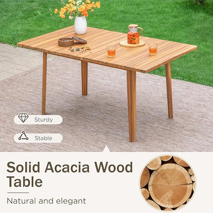 PHI VILLA 7 Pieces Acacia Wood Outdoor Dining Set for 6, Teak Large Wooden Table & Chairs with Wicker Seat and Back, Farmhouse Dining Furniture Set for Patio, Deck, Yard, Porch