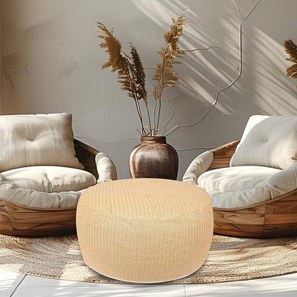 Woven Inflatable Ottoman, Fade-Resistant D31”x H14” Outdoor Indoor Pouf Patio Footrest Stool with Portable Handle, Round Ottoman for Patio Garden, Camping, Bedroom, Living Room
