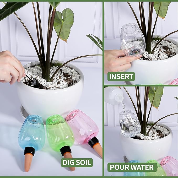 4 Pcs Plant Watering Globes Self Watering Planter Insert Plants Top Fill Water Device Plastic Water Bulbs Slow Release Terracotta for Plants, Multicolor