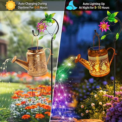 2 Pack Solar Lanterns Outdoor Waterproof,Hummingbird Watering Can Garden Decor,Hanging Solar Path Lights Yard Art,Outside Patio Decorations Gardening Christmas Gifts for Mom Grandma Women (with Hook)