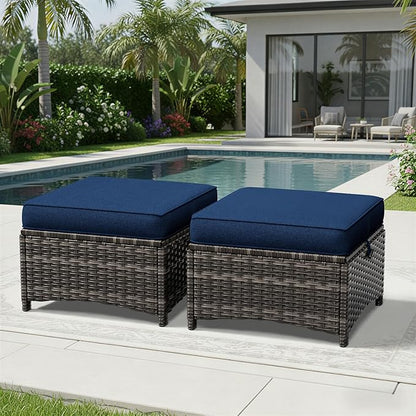Joyside Outdoor Ottoman Set of 2, Patio Large Ottoman Foot Rest with Thickened Cushions, Outdoor Wicker Foot Stool for Porch, Deck Use