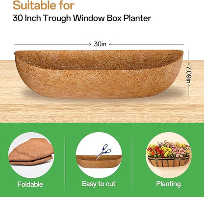 ZeeDix 30 Inch Trough Coconut Liners for Planters - 100% Natural Coconut Coir Fiber Planter Liners Replacement for Window Boxes, Wall Baskets, Deck Flower Boxes, Garden Railing Fence Troughs (4Pack)