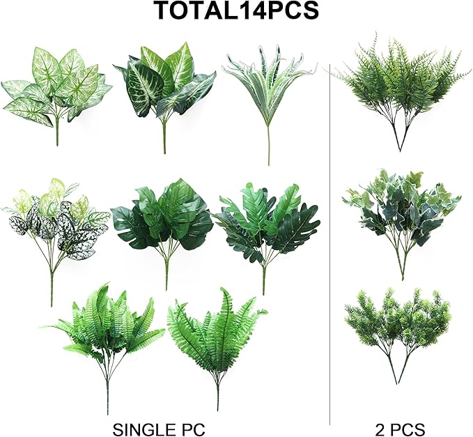 Artificial Greenery Bundle, 14 Bunches, 11 Varieties, UV-Resistant Plastic