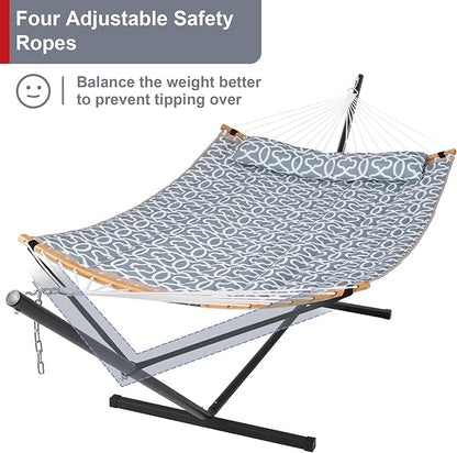 Double Hammock with Stand Included, Portable Hammock with Curved Spreader Bar, Pillow and Carrying Bag, 450 Lbs Capacity, Grey Pattern