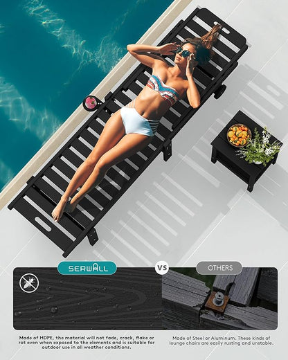 SERWALL Patio Chaise Lounge Chair Set of 4, HDPE Outdoor Lounge Chair with Cup Holder, 5 Positions Adjustable Poly Lounger with Rolling Wheels for Poolside, Deck, Sunbathing, Black