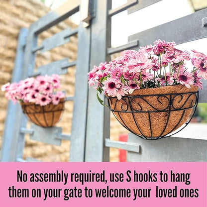 LaLaGreen 16 Inch Wall Mounted Flower Baskets, 4 Pack, Large Railing Planter Deck Rail Hanging Plant Pots Holders with Coco Liner Outdoor, Metal Herb Fence Porch Balcony Garden Patio Window Box Trough