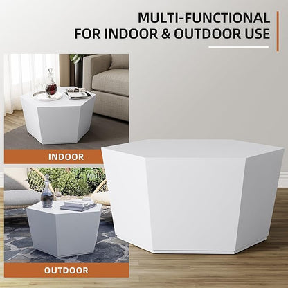 UPHA Outdoor Hexagon Coffee Table, Small Modern Minimalist Accent Tables, Low Light Concrete Center Table for Living Room, Outside Patio, Deck, 28×24.2×15.4, Pure White