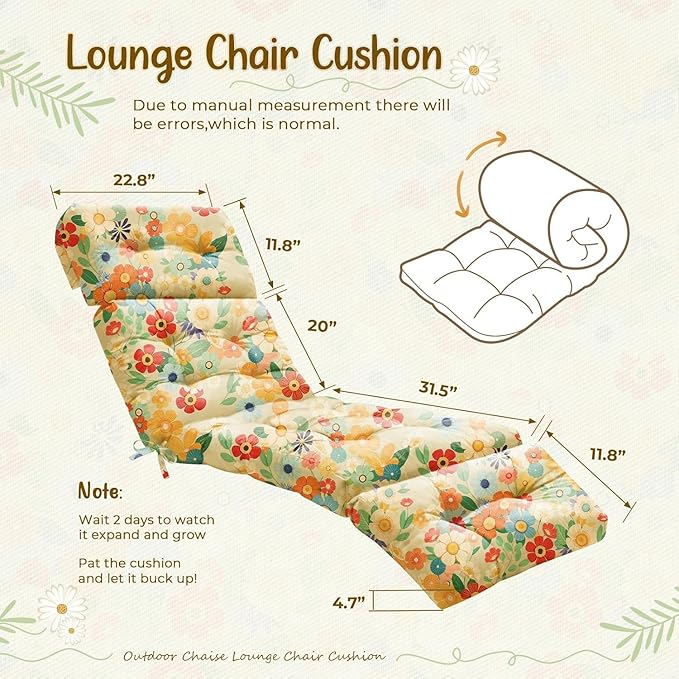 Outdoor Chaise Lounge Chair Cushion 75.1 x 22.8 x 4.7 Inches 100% Waterproof Replacement Cotton Patio Pool Lounge Chair Cushion for Outdoor Furniture with Ties, Daisy