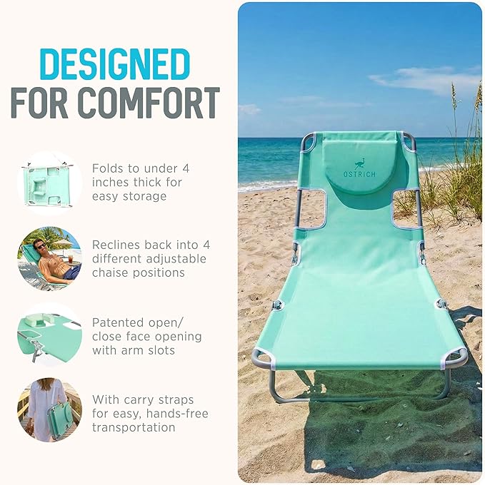 Ostrich The Original Chaise 72 x 22 Inch Lounge Portable Reclining Lounger, Outdoor Patio, Beach, Lawn, Camping, or Pool Tanning Chair, Teal