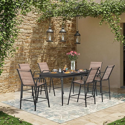 HOMREST Outdoor Bar Height Stools Set of 6,Stackable Patio Chairs with Armrests, High Back Textilene Chairs with Breathable Fabric & Metal Frame for All Weather,Brown
