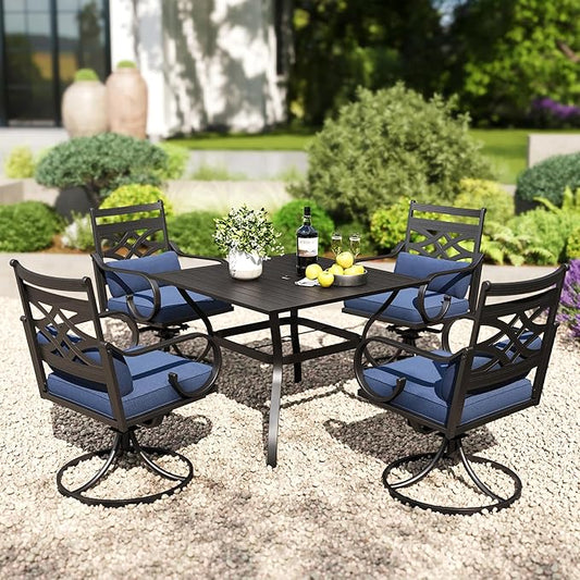 PHI VILLA 5 Pieces Outdoor Dining Set for 4, 37" Square Metal Table with Umbrella Hole & Wrought Iron Swivel Chairs, All Weather Outside Furniture with Blue Cushions & Pillows for Patio, Deck, Porch