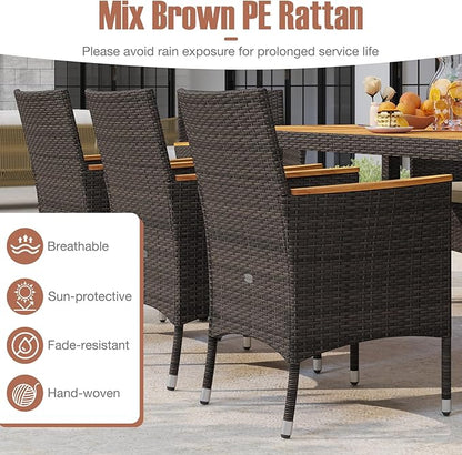 Tangkula 9 Pieces Rattan Outdoor Dining Set for 8, Outdoor Acacia Wood Table Set with 8 Cushioned Wicker Chairs, Umbrella Hole, Patio Dining Furniture Set for Deck Pool Backyard
