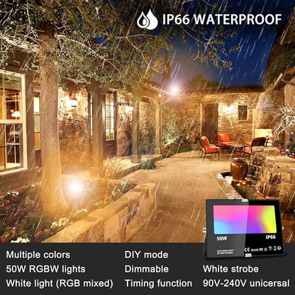 MELPO Led Flood Light 500W Equivalent, RGBW Led Outdoor Lights Colored Floodlight with Remote,50W,5000ML 2700K,120 Colors, Timing, Dimmable, Custom Modes, Landscape Lighting (4 Pack)