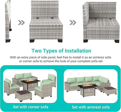16-Piece Outdoor Patio Furniture Set with Rocking Swivel Chair, PE Wicker Rattan Sectional Sofa Patio Conversation Set with 55,000 BTU Fire Pit Table & Coffee Table, Light Green