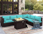 NICESOUL 7 Piece Outdoor Furniture Set with Firepit Natural Gas & Propane, Plus Size Big Modern Patio Conversation Couch, 29.3 High Back Comfy Sectional Sitting Group, Brown Rattan and Teal Cushoin