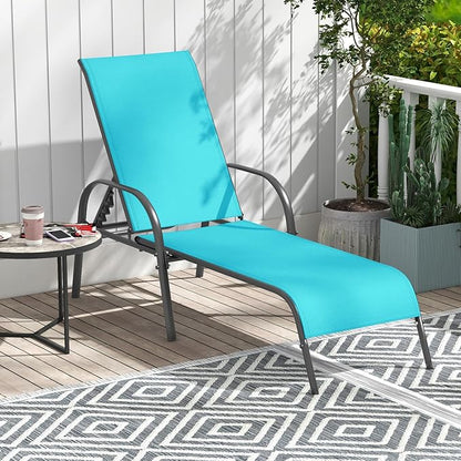 Giantex Patio Lounge Chair, Outdoor Chaise Lounge with 5 Adjustable Backrest, Sturdy Steel Frame, Sunbathing Recliner, Tanning Chair for Beach, Outside, Yard, Balcony, Pool Chairs (1,Turquoise)