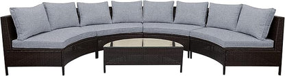 Merax 5-Piece Outdoor Sectional Sofa Set, All-Weather PE Wicker Patio Furniture with Tempered Glass Table, Half-Moon Conversation Set for Garden, Deck, Backyard Living Area,Grey