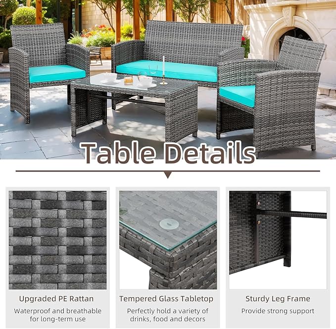 Conversation Set, 4-Piece Blue Wicker Patio Furniture with Glass Table
